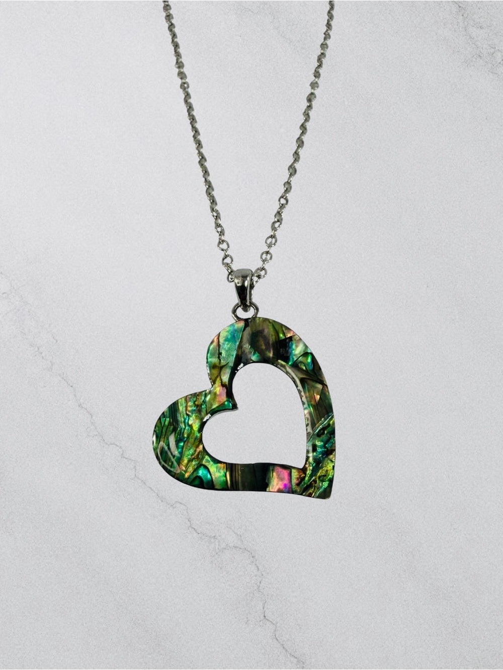 Silver Tone Abalone Heart Necklace Men’s Women’s Green Blue Pink Pendant Charm